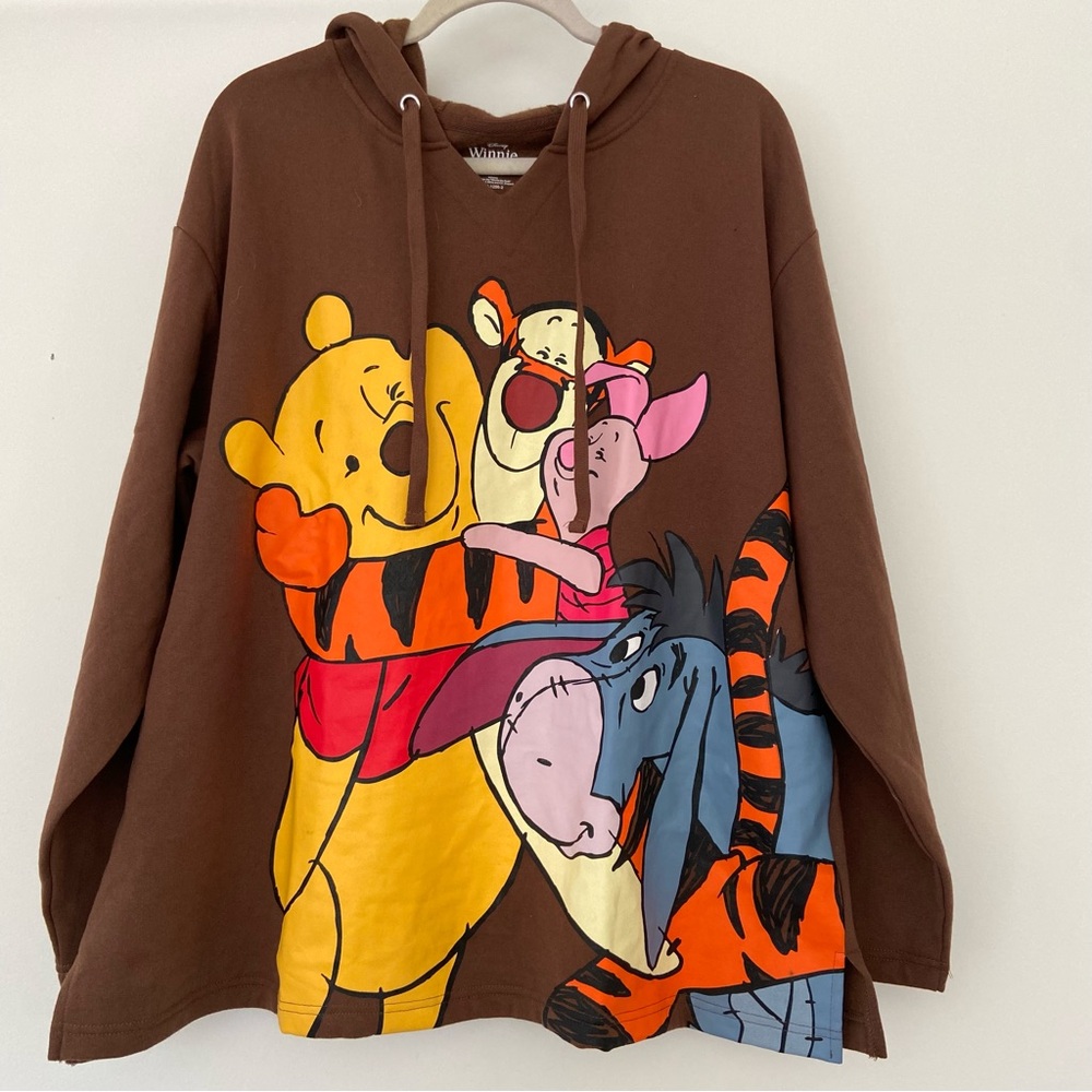 Disney Winnie the Pooh Hoodie Sweatshirt Size L Brown Tigger Piglet Eeyore EUC